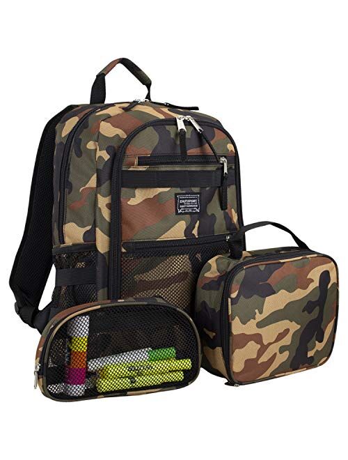 Eastsport Compact 3-Piece Combo Backpack with Lunch Box and Snack/Pencil Pouch - Black/Camo Print