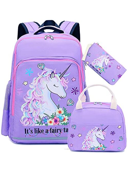 BTOOP Girls Backpack Kids Boys Elementary Bookbag Girly School Bag with Insulated Lunch Tote and Pencil Pouch