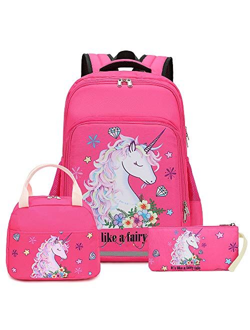 BTOOP Girls Backpack Kids Boys Elementary Bookbag Girly School Bag with Insulated Lunch Tote and Pencil Pouch