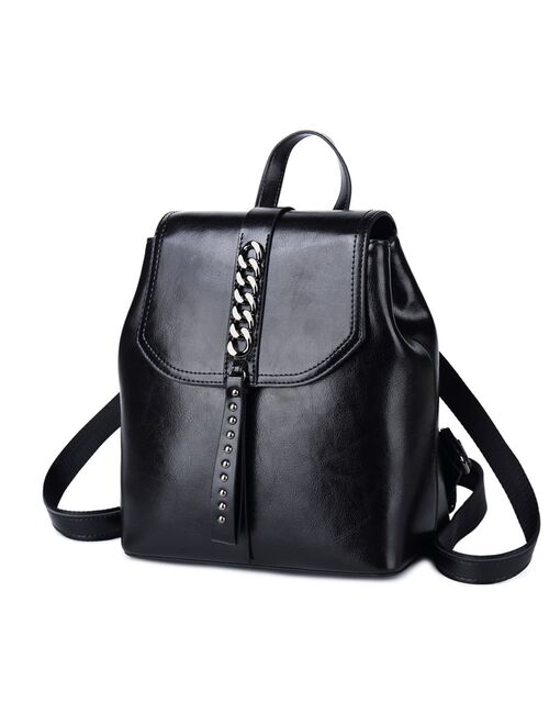 Fashion High Quality Genuine Leather Backpack For Girls Daypack Female Knapsack Vintage Women rivet Oil Wax Cowhide Rucksack