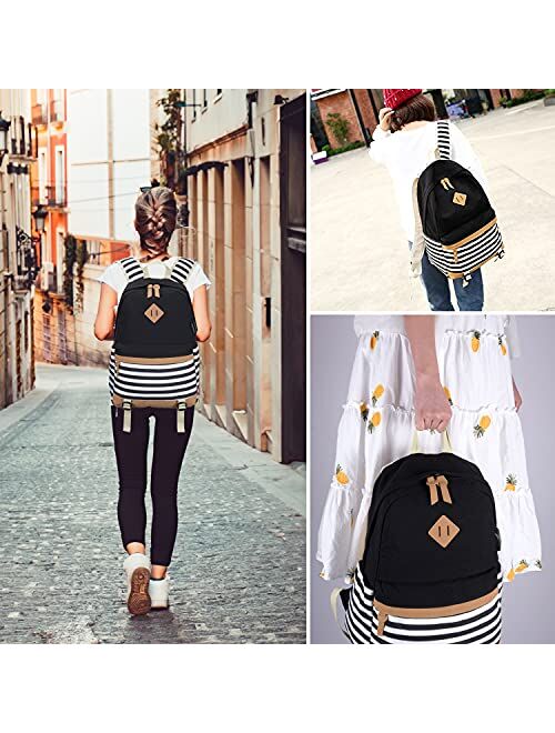 BTRLIACY Canvas School Bags Striped Rucksack Casual Daypack Laptop Backpack College Student Bag Backpack for Women Teenage Girls, with Lunch Box Bag Pencil Case