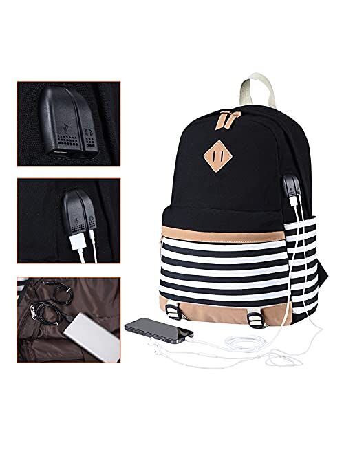 BTRLIACY Canvas School Bags Striped Rucksack Casual Daypack Laptop Backpack College Student Bag Backpack for Women Teenage Girls, with Lunch Box Bag Pencil Case