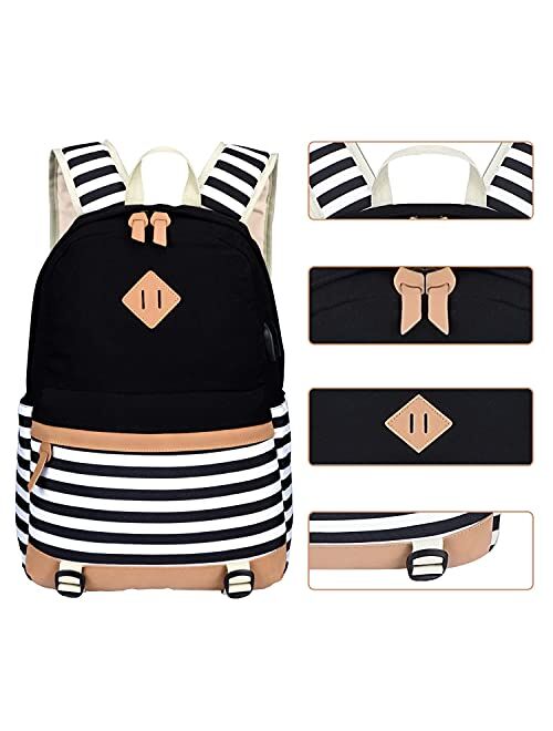 BTRLIACY Canvas School Bags Striped Rucksack Casual Daypack Laptop Backpack College Student Bag Backpack for Women Teenage Girls, with Lunch Box Bag Pencil Case