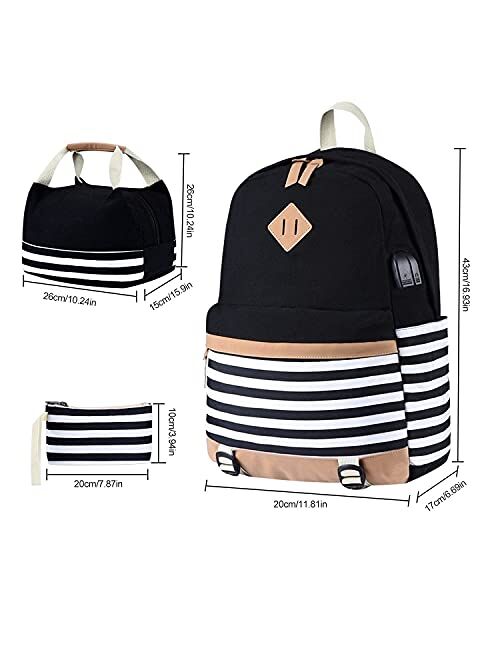 BTRLIACY Canvas School Bags Striped Rucksack Casual Daypack Laptop Backpack College Student Bag Backpack for Women Teenage Girls, with Lunch Box Bag Pencil Case