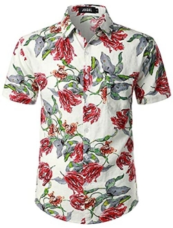 JOGAL Men's Flower Short Sleeve Button Down Hawaiian Shirt