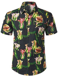 JOGAL Men's Flower Short Sleeve Button Down Hawaiian Shirt