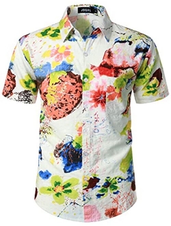 JOGAL Men's Flower Short Sleeve Button Down Hawaiian Shirt