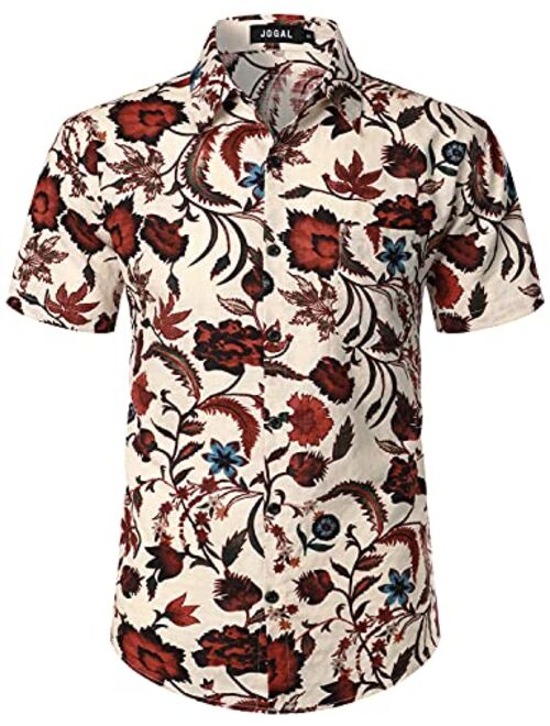 JOGAL Men's Flower Short Sleeve Button Down Hawaiian Shirt