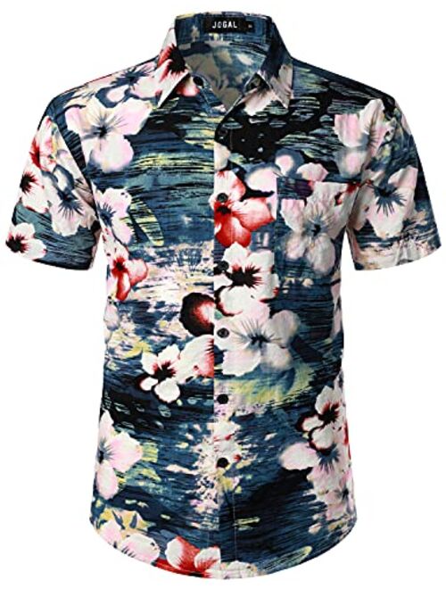 JOGAL Men's Flower Short Sleeve Button Down Hawaiian Shirt