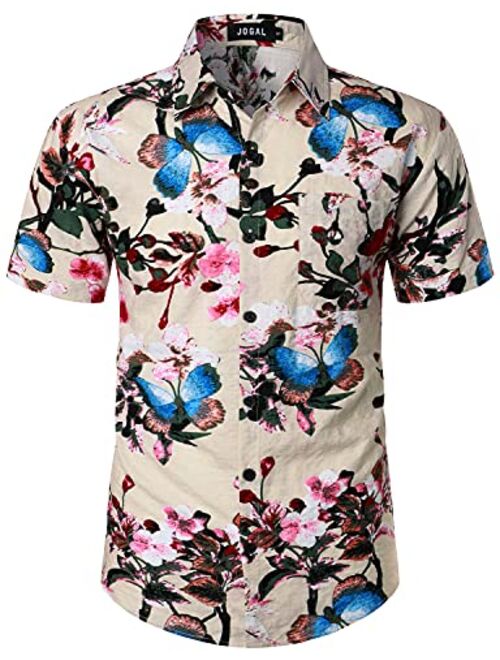 JOGAL Men's Flower Short Sleeve Button Down Hawaiian Shirt