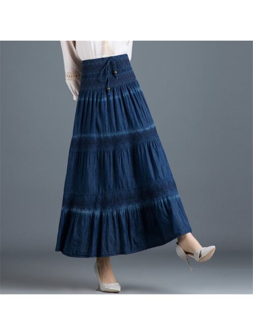 National Style Denim Skirt Vintage Long Skirt Summer Women Dark Blue Maxi Jean Skirt High Waist Pleated Casual  Skirt Ds50662