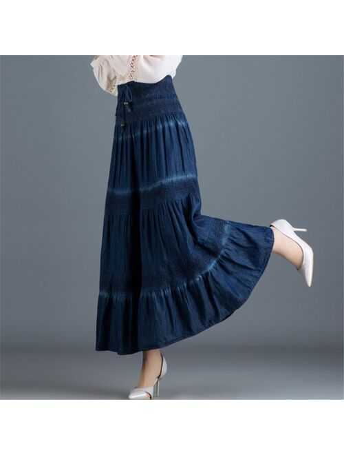 National Style Denim Skirt Vintage Long Skirt Summer Women Dark Blue Maxi Jean Skirt High Waist Pleated Casual  Skirt Ds50662