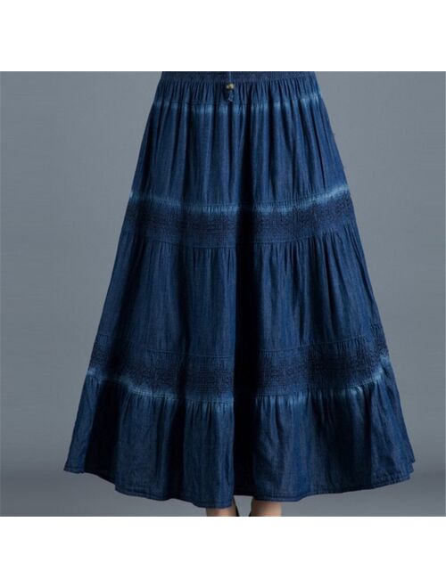 National Style Denim Skirt Vintage Long Skirt Summer Women Dark Blue Maxi Jean Skirt High Waist Pleated Casual  Skirt Ds50662