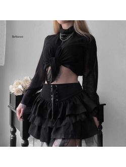 Women Lace Mesh Patchwork Up Mall Goth Mini Skirt Dark Academia Aesthetic Vintage Black Pleated Skirts Harajuku Punk Emo Style