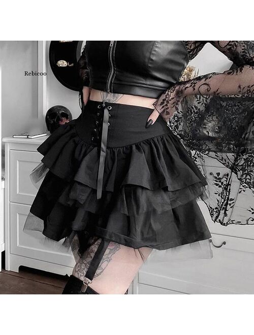 Women Lace Mesh Patchwork Up Mall Goth Mini Skirt Dark Academia Aesthetic Vintage Black Pleated Skirts Harajuku Punk Emo Style