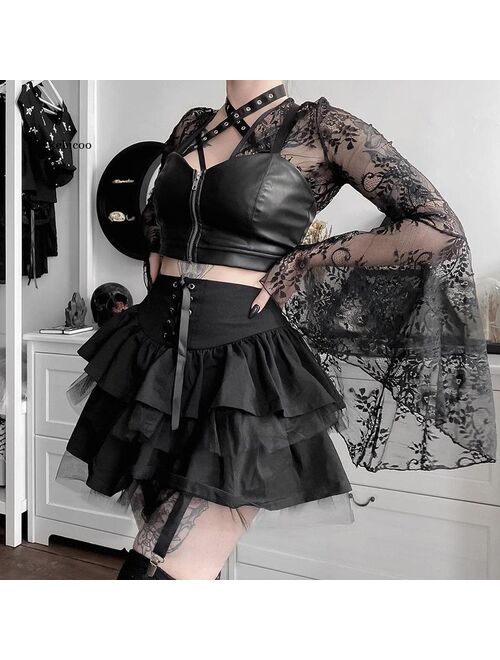 Women Lace Mesh Patchwork Up Mall Goth Mini Skirt Dark Academia Aesthetic Vintage Black Pleated Skirts Harajuku Punk Emo Style