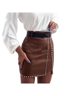 Beaded Fashion Short Leather Skirt Black Solid Beading High Waist Skinny Women Skirt Sexy Club & Party Mini Skirts Vestidos #23