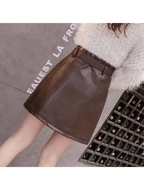 Fashion ladies pu leather zipper skirt elastic belt high waist inner safety pants personalized all-match boot skirt