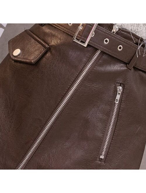 Fashion ladies pu leather zipper skirt elastic belt high waist inner safety pants personalized all-match boot skirt