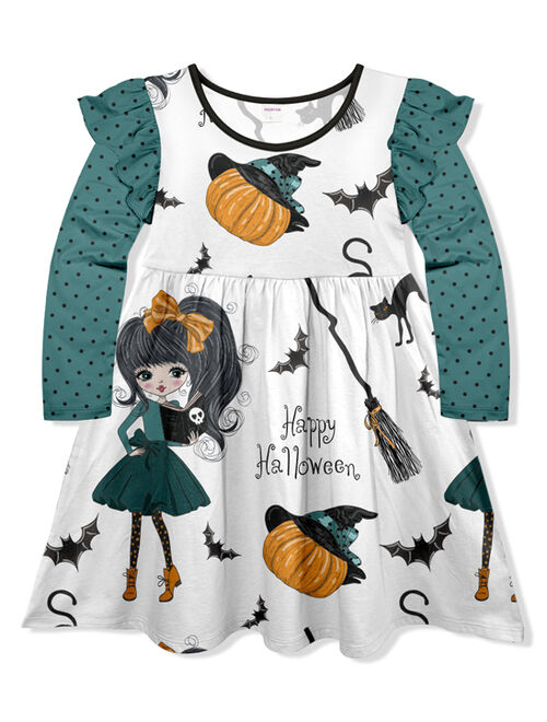 Penelope Plumm Dark Cyan & White 'Happy Halloween' Pumpkin Angel-Sleeve Dress - Toddler & Girls