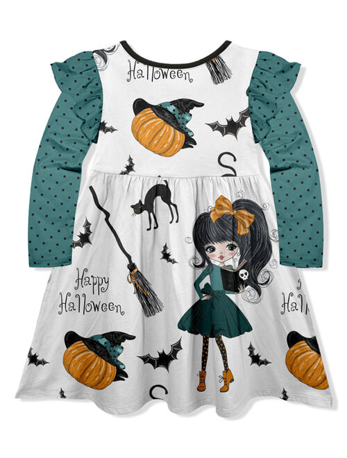 Penelope Plumm Dark Cyan & White 'Happy Halloween' Pumpkin Angel-Sleeve Dress - Toddler & Girls