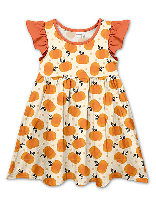 Penelope Plumm Orange & Beige Pumpkin Angel-Sleeve Dress - Toddler & Girls