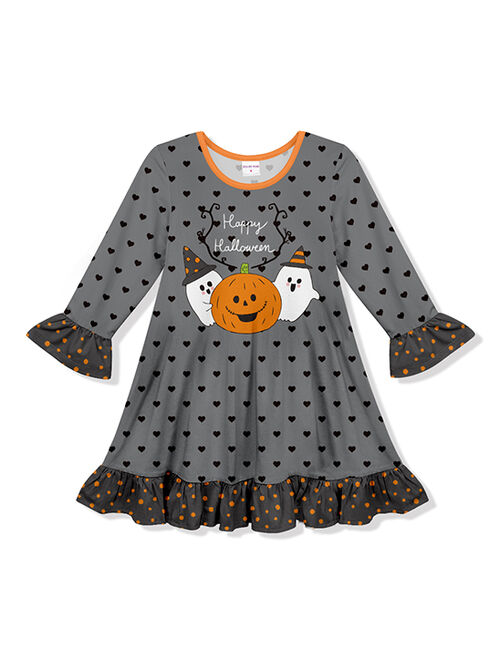 Penelope Plumm Dark Gray & Orange Hearts Pumpkin Ghost Ruffle-Trim Shift Dress - Toddler & Girls