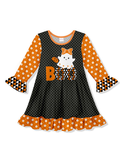 Penelope Plumm Orange & Black 'Boo' Dot Ghost Ruffle-Trim A-Line Dress - Toddler & Girls