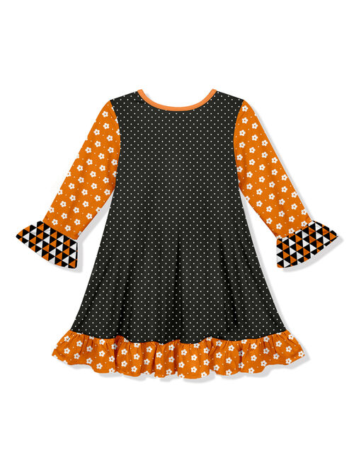 Penelope Plumm Orange & Black 'Boo' Dot Ghost Ruffle-Trim A-Line Dress - Toddler & Girls