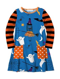 Sunshine Swing Blue & Orange Stripe Pockert Witch Long-Sleeve Shift Dress - Girls