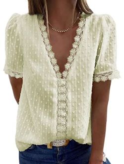 FARYSAYS Womens Summer Lace Tops V Neck Short Sleeve Shirts Vintage Elegant Polka Dot Blouses Tunic