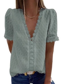 FARYSAYS Womens Summer Lace Tops V Neck Short Sleeve Shirts Vintage Elegant Polka Dot Blouses Tunic