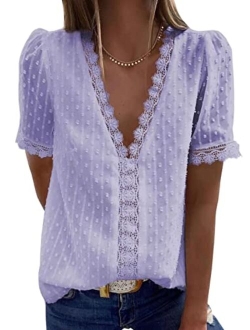 FARYSAYS Womens Summer Lace Tops V Neck Short Sleeve Shirts Vintage Elegant Polka Dot Blouses Tunic