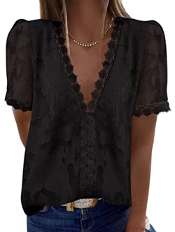 FARYSAYS Womens Summer Lace Tops V Neck Short Sleeve Shirts Vintage Elegant Polka Dot Blouses Tunic