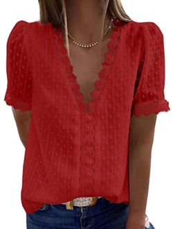 FARYSAYS Womens Summer Lace Tops V Neck Short Sleeve Shirts Vintage Elegant Polka Dot Blouses Tunic