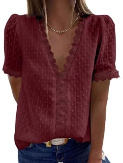 FARYSAYS Womens Summer Lace Tops V Neck Short Sleeve Shirts Vintage Elegant Polka Dot Blouses Tunic