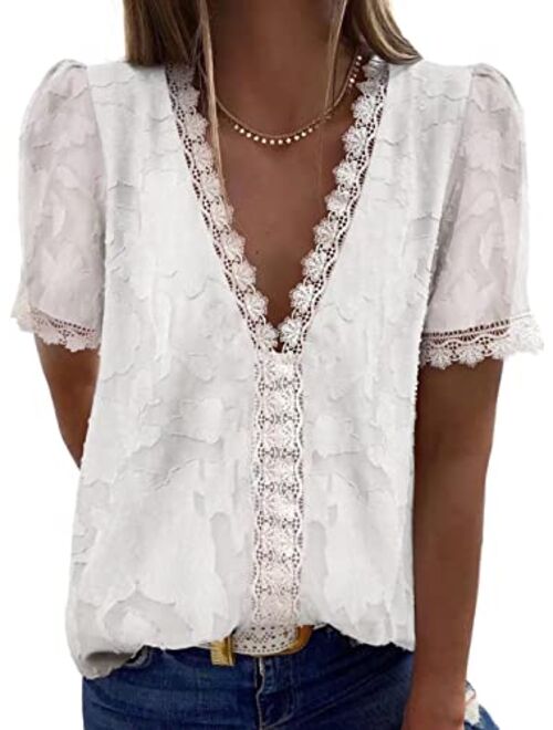 FARYSAYS Womens Summer Lace Tops V Neck Short Sleeve Shirts Vintage Elegant Polka Dot Blouses Tunic