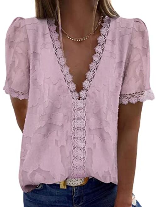 FARYSAYS Womens Summer Lace Tops V Neck Short Sleeve Shirts Vintage Elegant Polka Dot Blouses Tunic