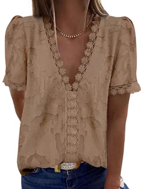 FARYSAYS Womens Summer Lace Tops V Neck Short Sleeve Shirts Vintage Elegant Polka Dot Blouses Tunic