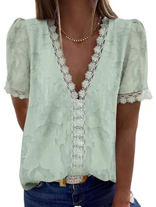 FARYSAYS Womens Summer Lace Tops V Neck Short Sleeve Shirts Vintage Elegant Polka Dot Blouses Tunic