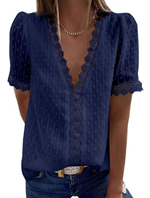 FARYSAYS Womens Summer Lace Tops V Neck Short Sleeve Shirts Vintage Elegant Polka Dot Blouses Tunic