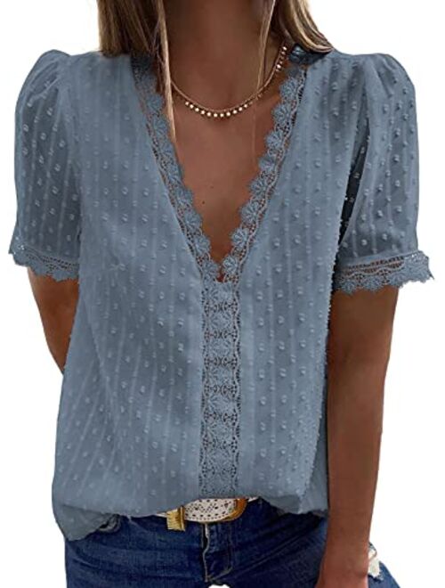 FARYSAYS Womens Summer Lace Tops V Neck Short Sleeve Shirts Vintage Elegant Polka Dot Blouses Tunic