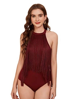 Women's Fringe Trim Sleeveless Bodycon Halter Bodysuit Top