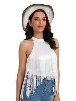 Women's Fringe Trim Sleeveless Bodycon Halter Bodysuit Top