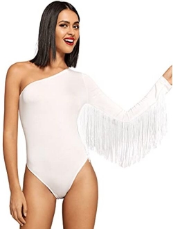 Women's Fringe Trim One Shoulder Long Sleeve Bodysuit Top