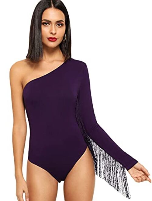 Verdusa Women's Fringe Trim One Shoulder Long Sleeve Bodysuit Top