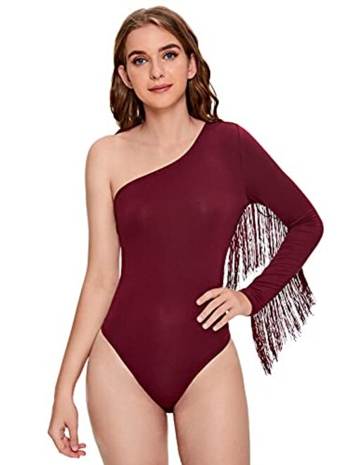 Verdusa Women's Fringe Trim One Shoulder Long Sleeve Bodysuit Top