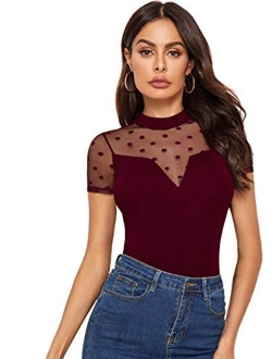 Women's Sheer Mesh Mock Neck Short Sleeve Fitted Tee Top