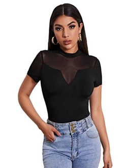 Women's Sheer Mesh Mock Neck Short Sleeve Fitted Tee Top