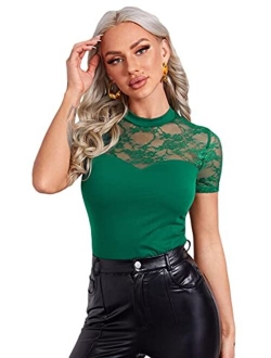 Women's Sheer Mesh Mock Neck Short Sleeve Fitted Tee Top